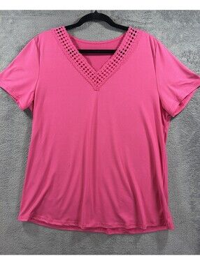 Skue Pink V-Neck Crochet Trim Short Sleeve Top XL